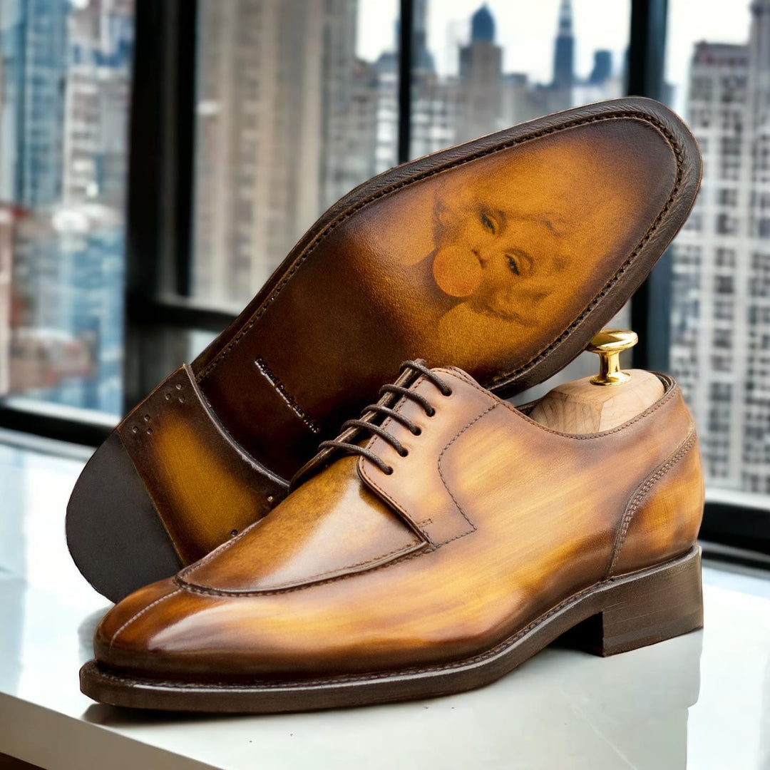 Men's Derby Split Toe Shoes Patina Leather Goodyear Welt Wide Plus Size Brown 5699