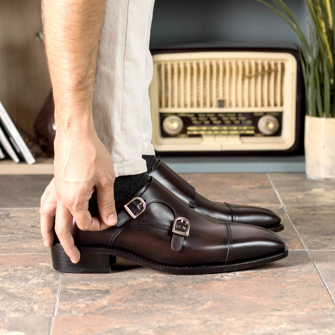 Men's Double Monk Leather Shoes Goodyear Welt Wide Plus Size Dark Brown 5411 40.5EU / EE=D+9mm