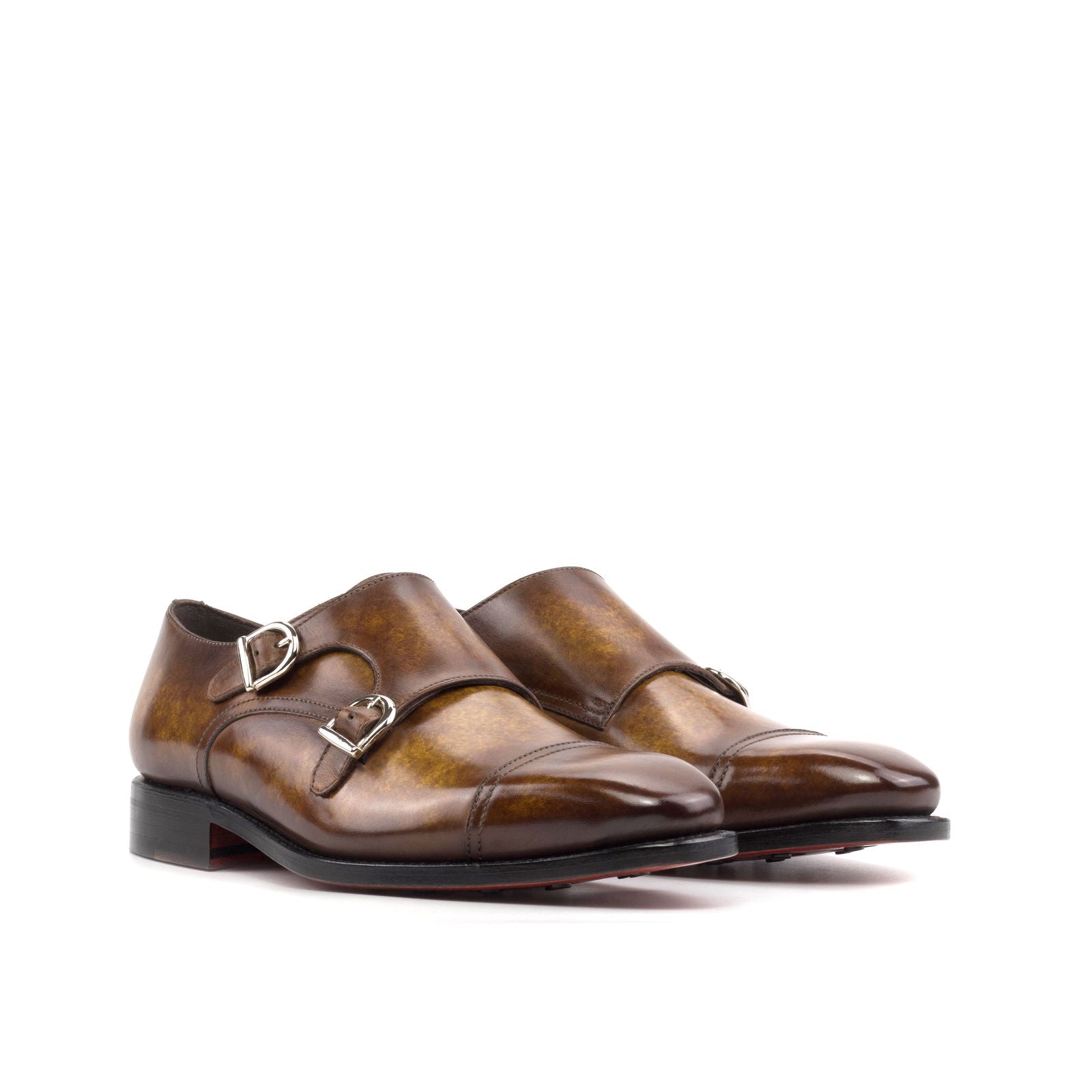 Men's Double Monk Shoes Patina Leather Goodyear Welt Wide Plus