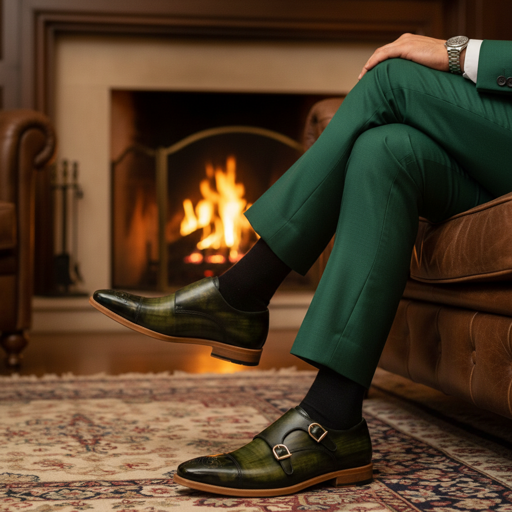 Men's Double Monk Shoes Patina Leather Wide Plus Size Green 3615