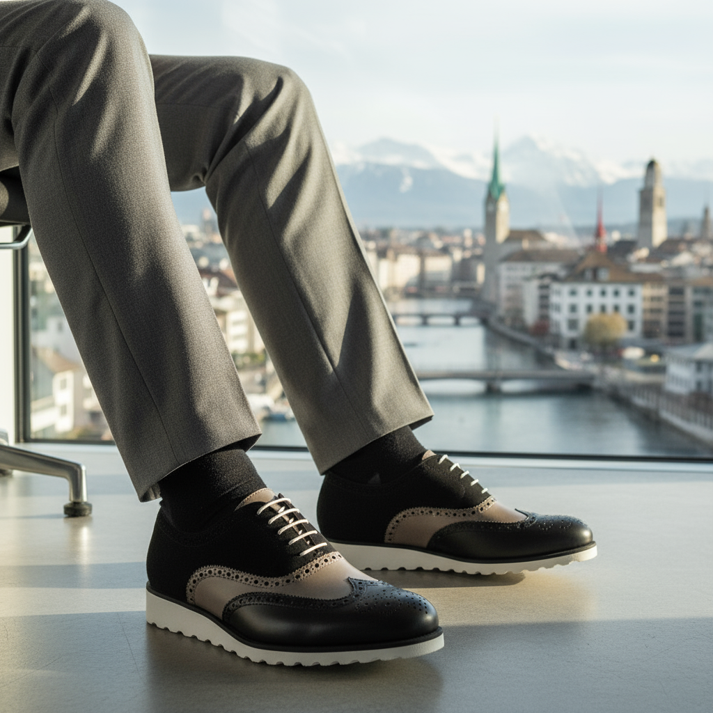 Person wearing MERRIMIUM black and white dress shoes with gray pants, sitting by a window with a cityscape view.