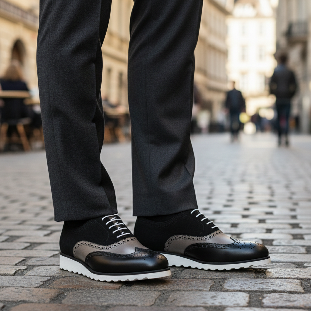 Black dress shoes with white soles worn on a cobblestone street.