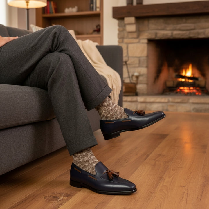 Person wearing navy MERRIMIUM loafers with a fireplace in the background