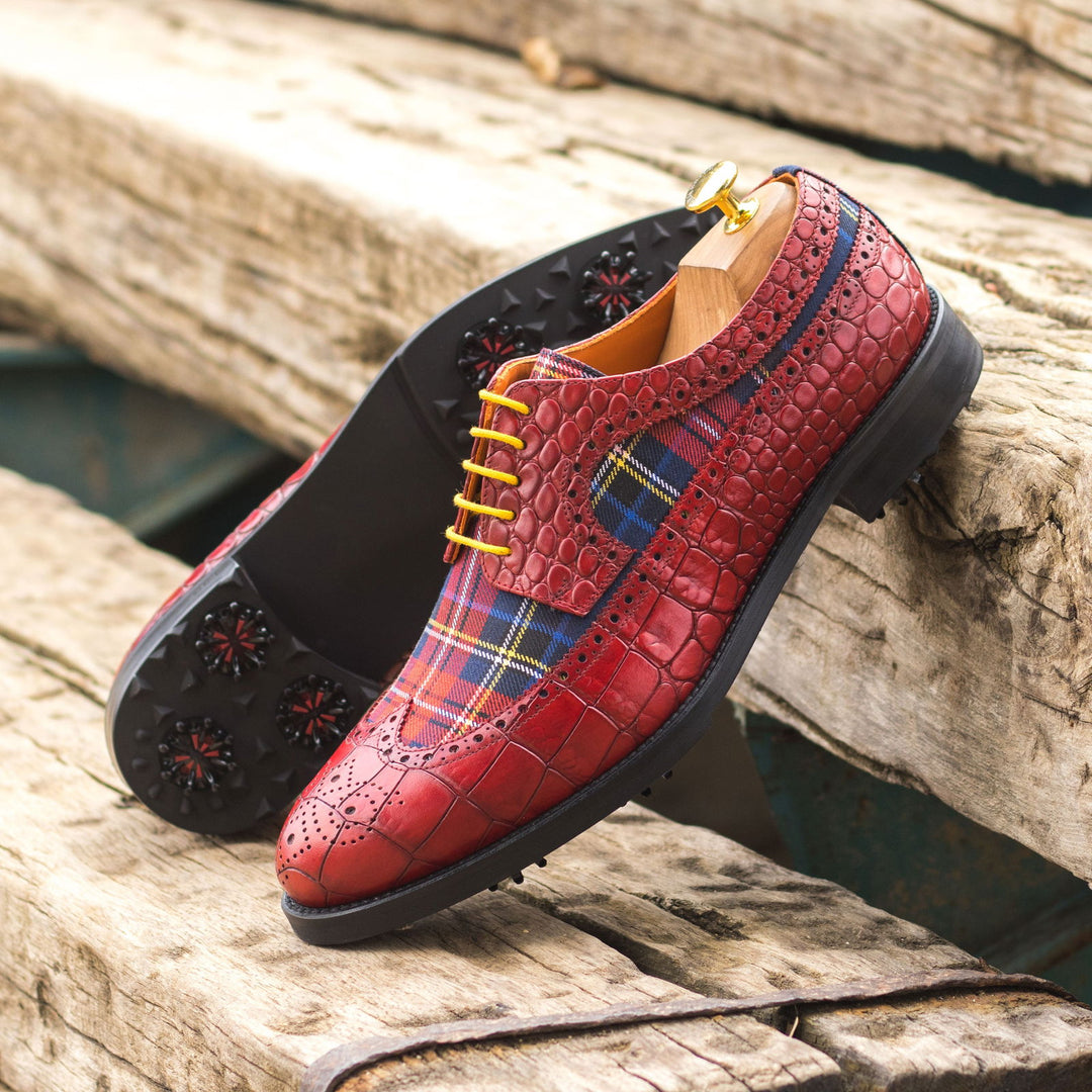 red dress shoes wide width Men's Longwing Blucher Golf Leather Shoes Wide Plus Size Blue Red 4859 42EU / Standard D