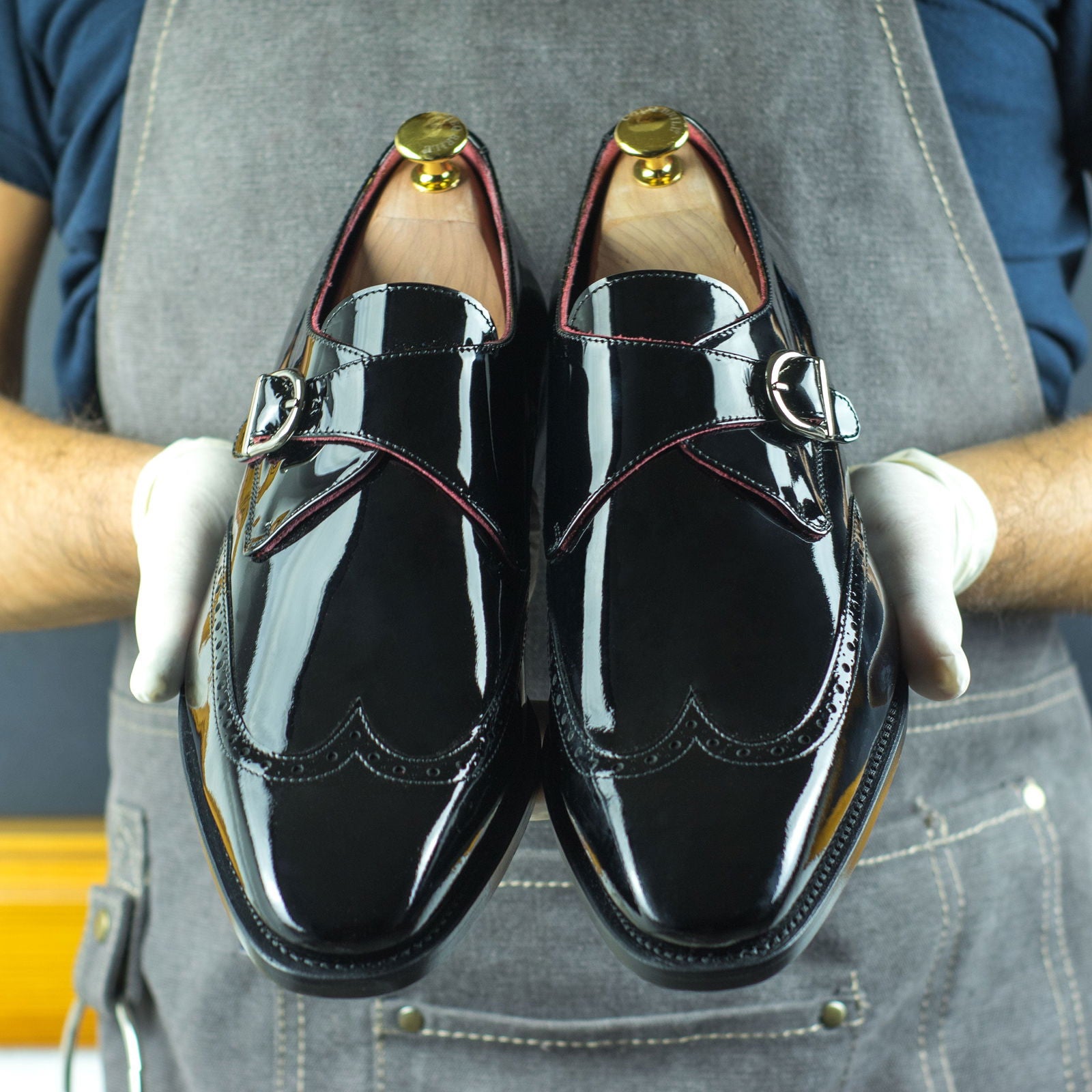 Men's Single Monk Leather Shoes Goodyear Welt Wide Plus Size Black