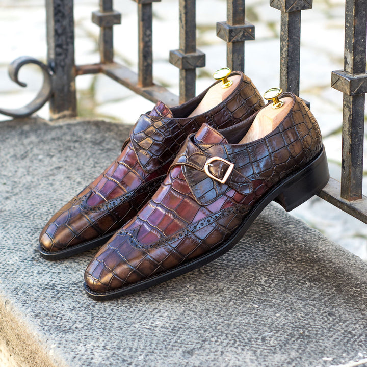 Men's Single Monk Leather Shoes Goodyear Welt Wide Plus Size Brown Burgundy 4597 1 MERRIMIUM