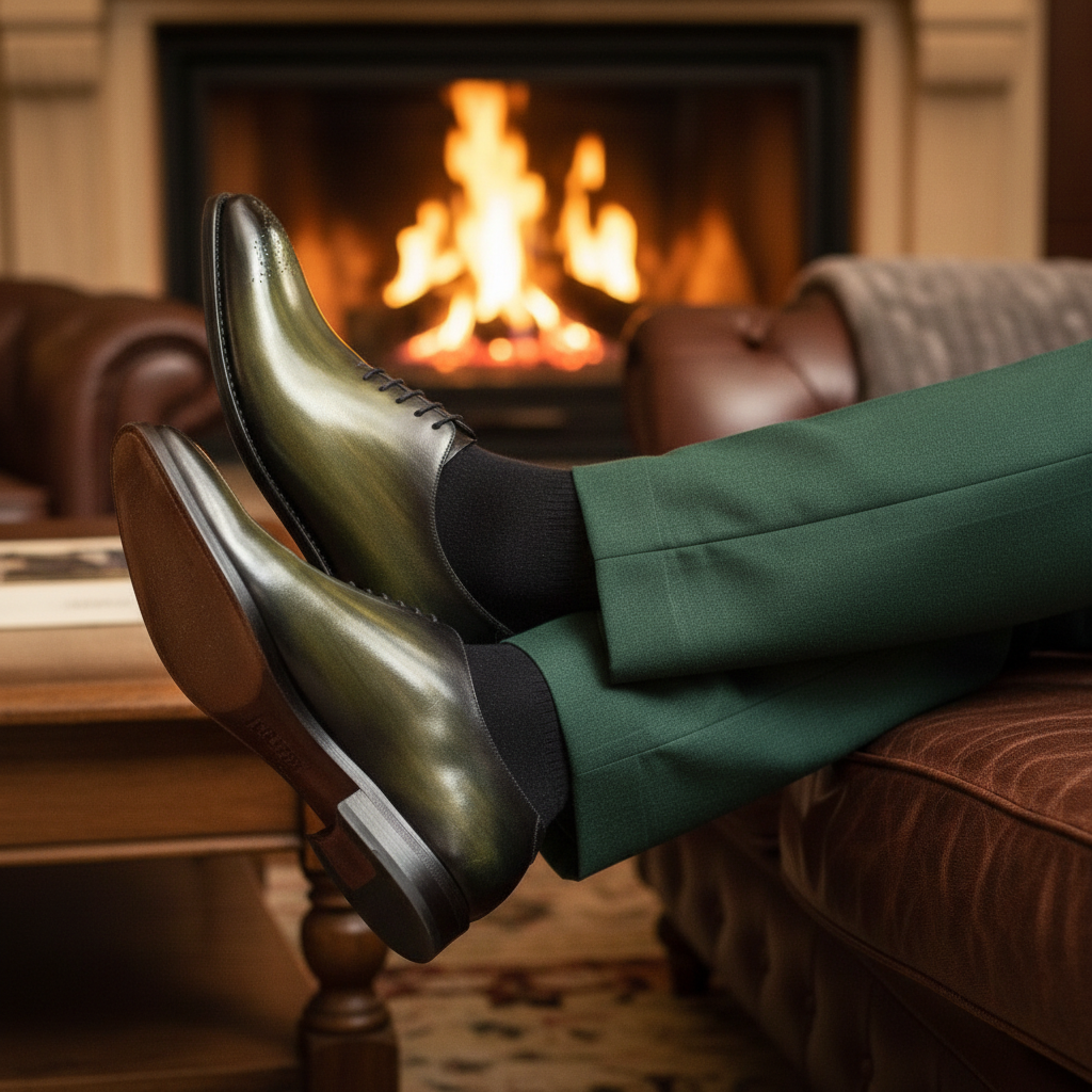 Men's Wholecut Shoes Patina Leather Goodyear Welt Wide Plus Size Green 3798