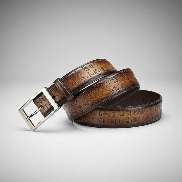 Brown leather belt with a silver buckle on a gray background