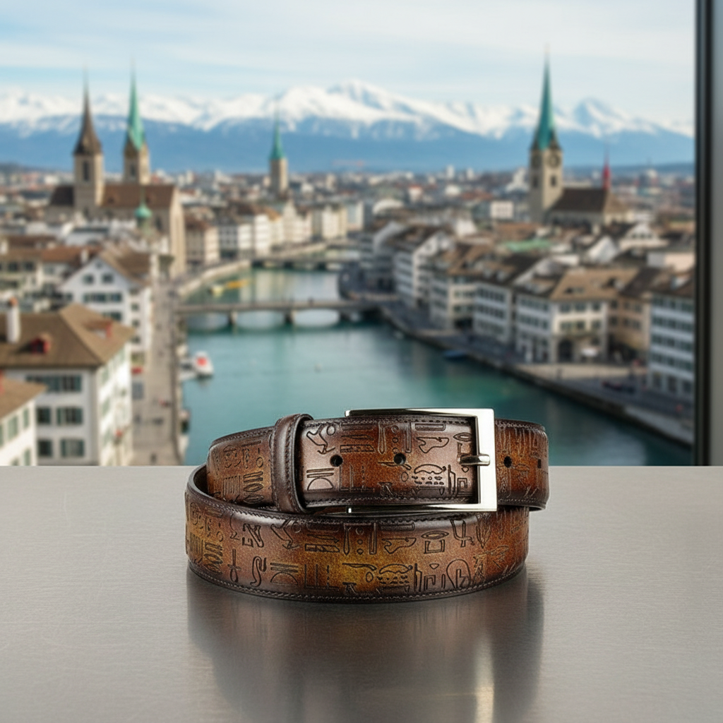 Brown leather belt with engraved Egyptian design on a surface with a cityscape and river background