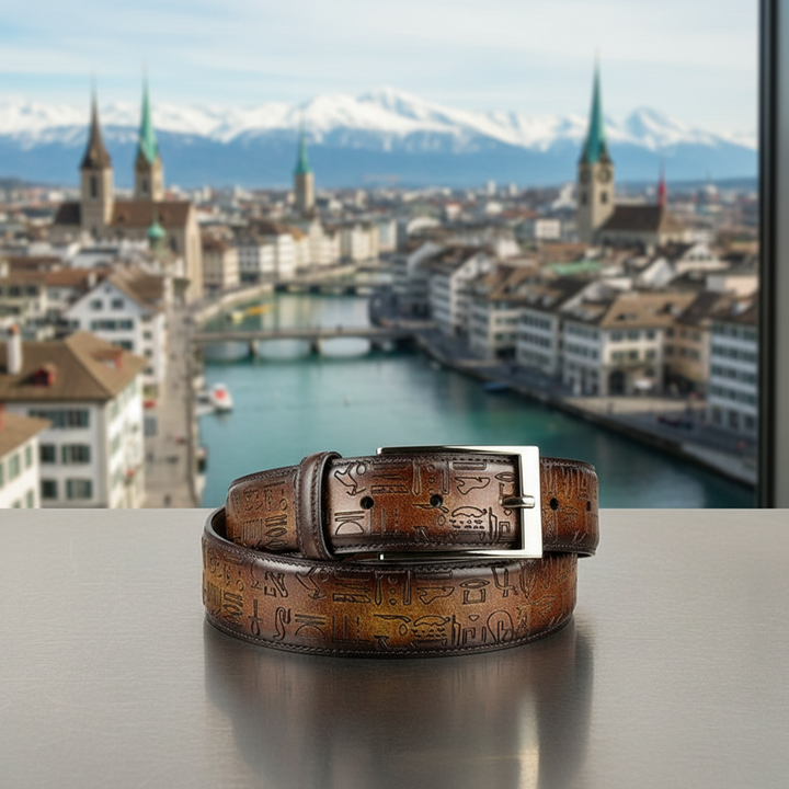 Brown leather belt with engraved Egyptian design on a surface with a cityscape and river background