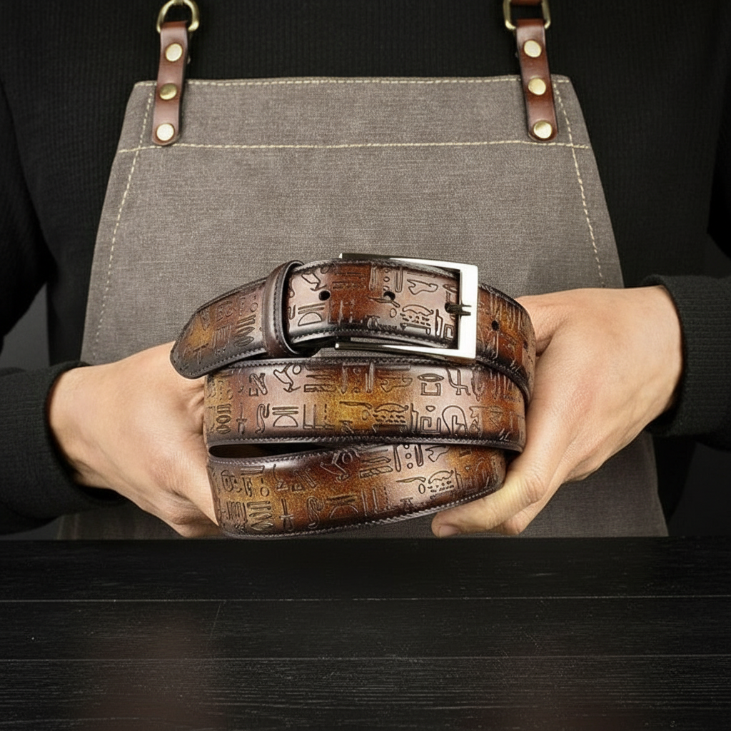 Person holding a brown MERRIMIUM leather belt with intricate designs against a dark background
