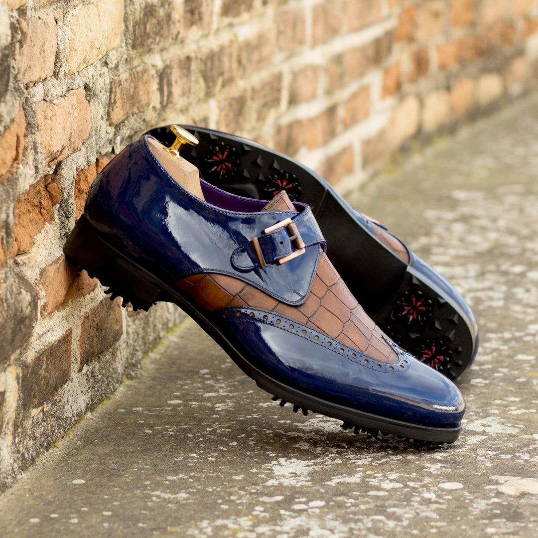 Single Monk-Painted Croco, Patent, Brown, Blue 1-MERRIMIUM-WS