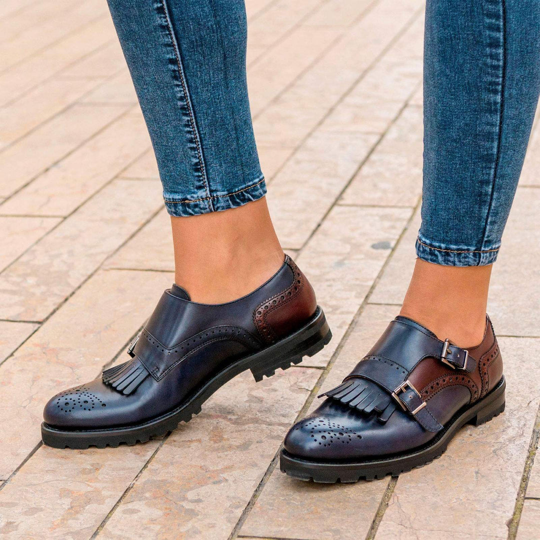 Women's Kiltie Monk Strap Shoes Leather Burgundy Blue 3052 1- MERRIMIUM--GID-2369-3052