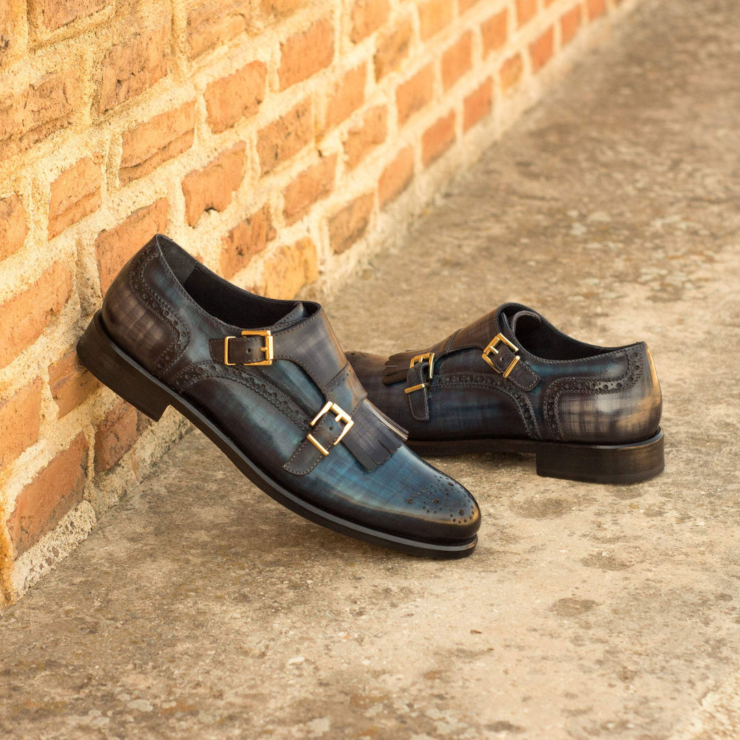 Women's Kiltie Monk Strap Shoes Patina Leather Blue Grey 3561 1- MERRIMIUM--GID-2370-3561