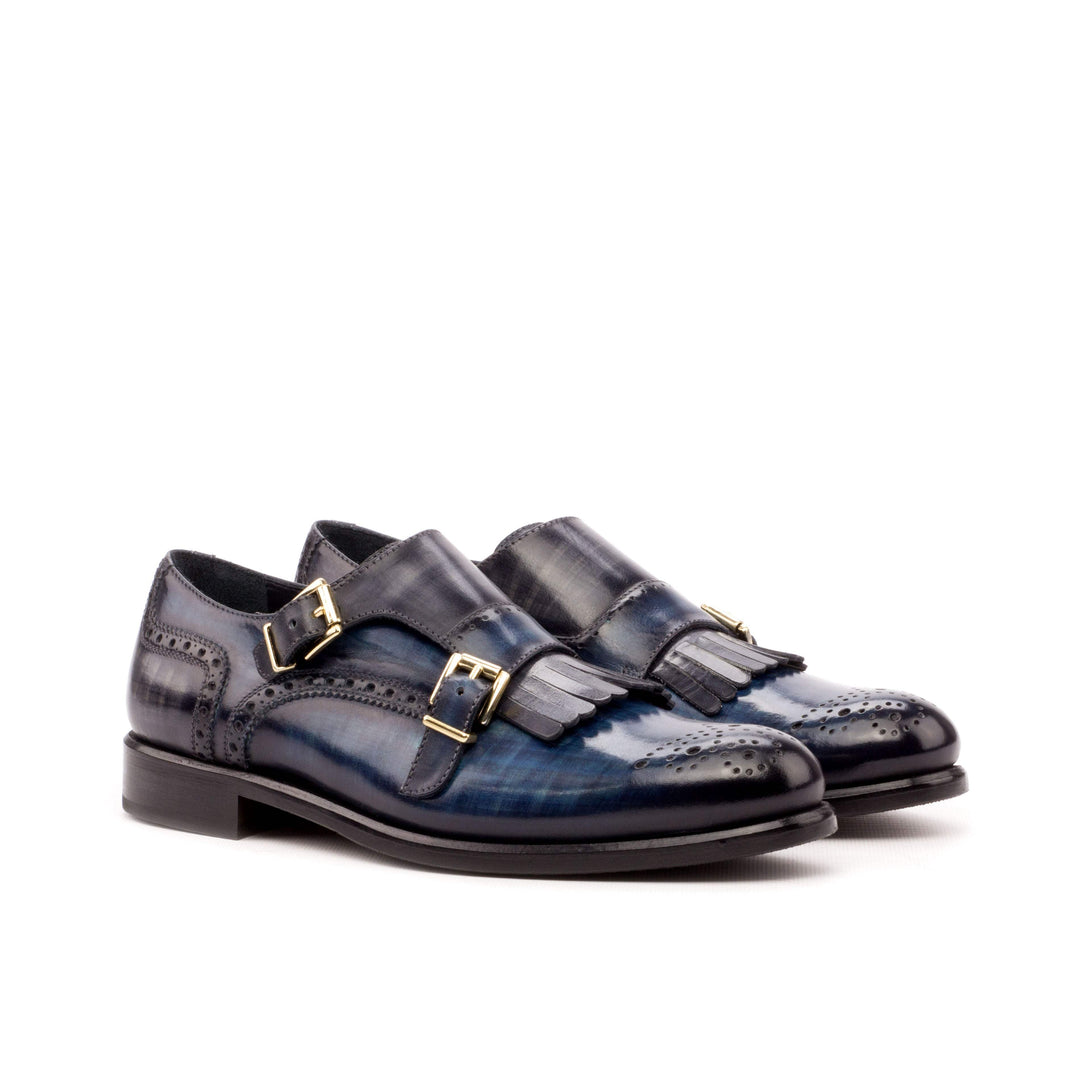 Women's Kiltie Monk Strap Shoes Patina Leather Blue Grey 3561 3- MERRIMIUM
