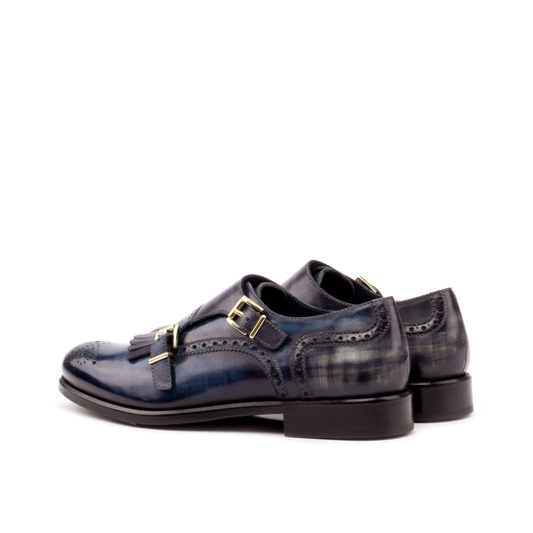Women's Kiltie Monk Strap Shoes Patina Leather Blue Grey 3561 4- MERRIMIUM