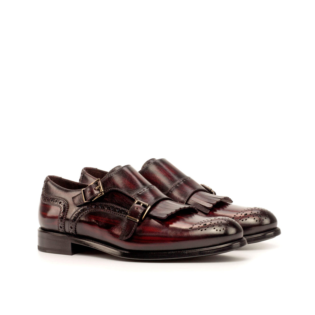 Women's Kiltie Monk Strap Shoes Patina Leather Burgundy 3730 3- MERRIMIUM