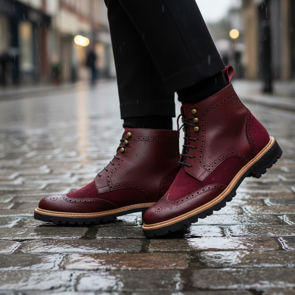 Women's Military Brogue Leather Boots Burgundy 3573