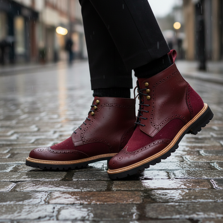 Women's Military Brogue Leather Boots Burgundy 3573