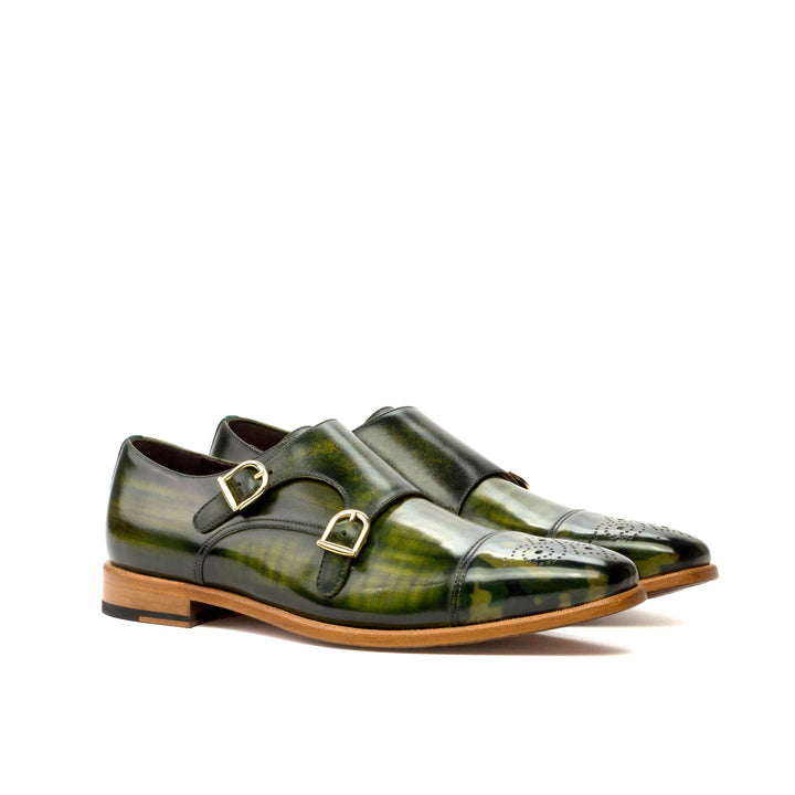 Men's Double Monk Shoes Patina Leather Wide Plus Size Green 3615 3 MERRIMIUM