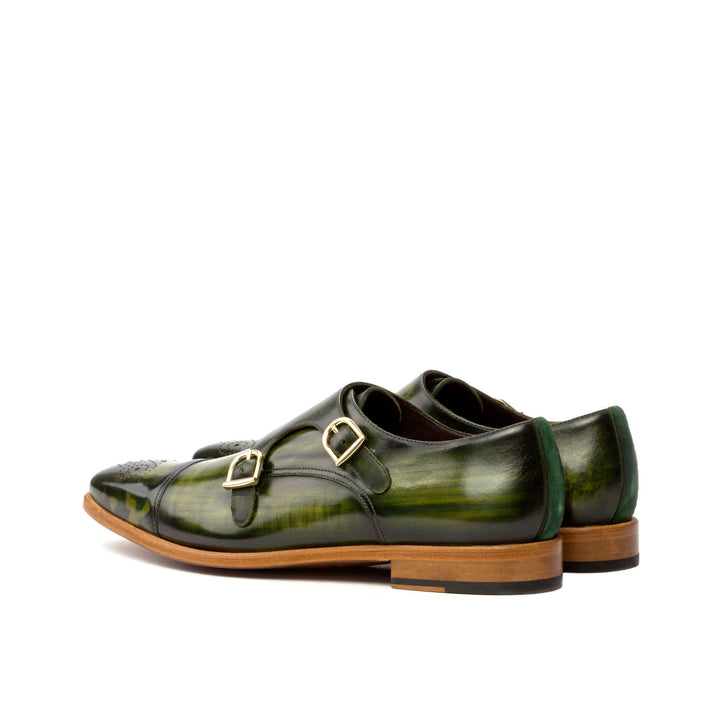 Men's Double Monk Shoes Patina Leather Wide Plus Size Green 3615 4 MERRIMIUM