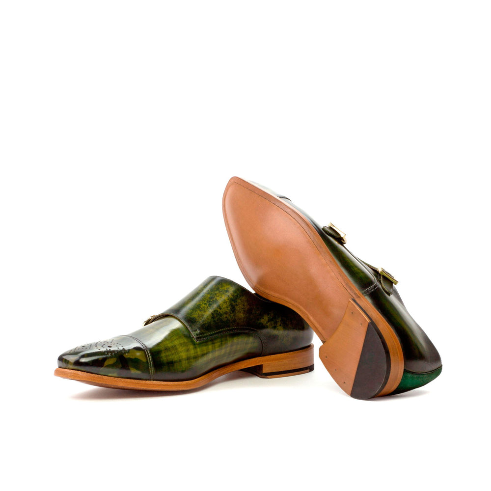 Men's Double Monk Shoes Patina Leather Wide Plus Size Green 3615 2 MERRIMIUM