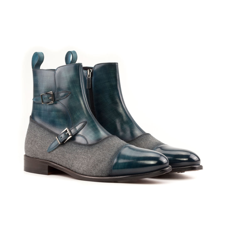 Men's Octavian Buckle Boots Patina Leather Wide Plus Size Grey Blue 5661 3 MERRIMIUM