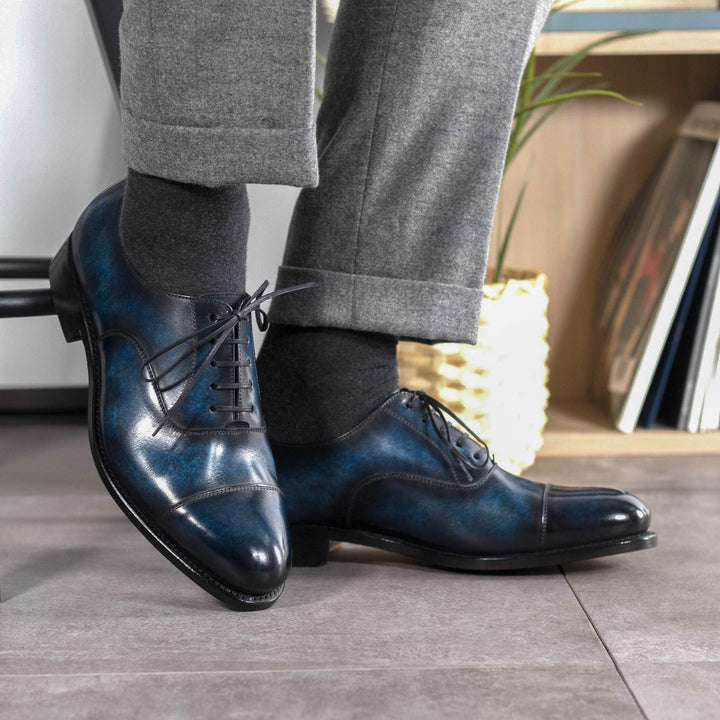 Men's Oxford Shoes Patina Leather Goodyear Welt Wide Plus Size Blue 5635 2 MERRIMIUM