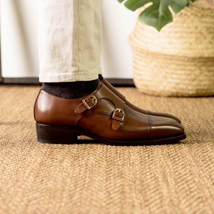 Men's Double Monk Leather Shoes Goodyear Welt Wide Plus Size Brown 5328 2 MERRIMIUM