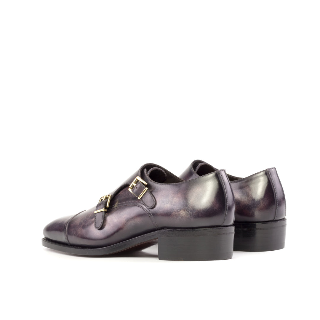 Men's Double Monk Shoes Patina Leather Goodyear Welt Wide Plus Size Violet 5272 4 MERRIMIUM