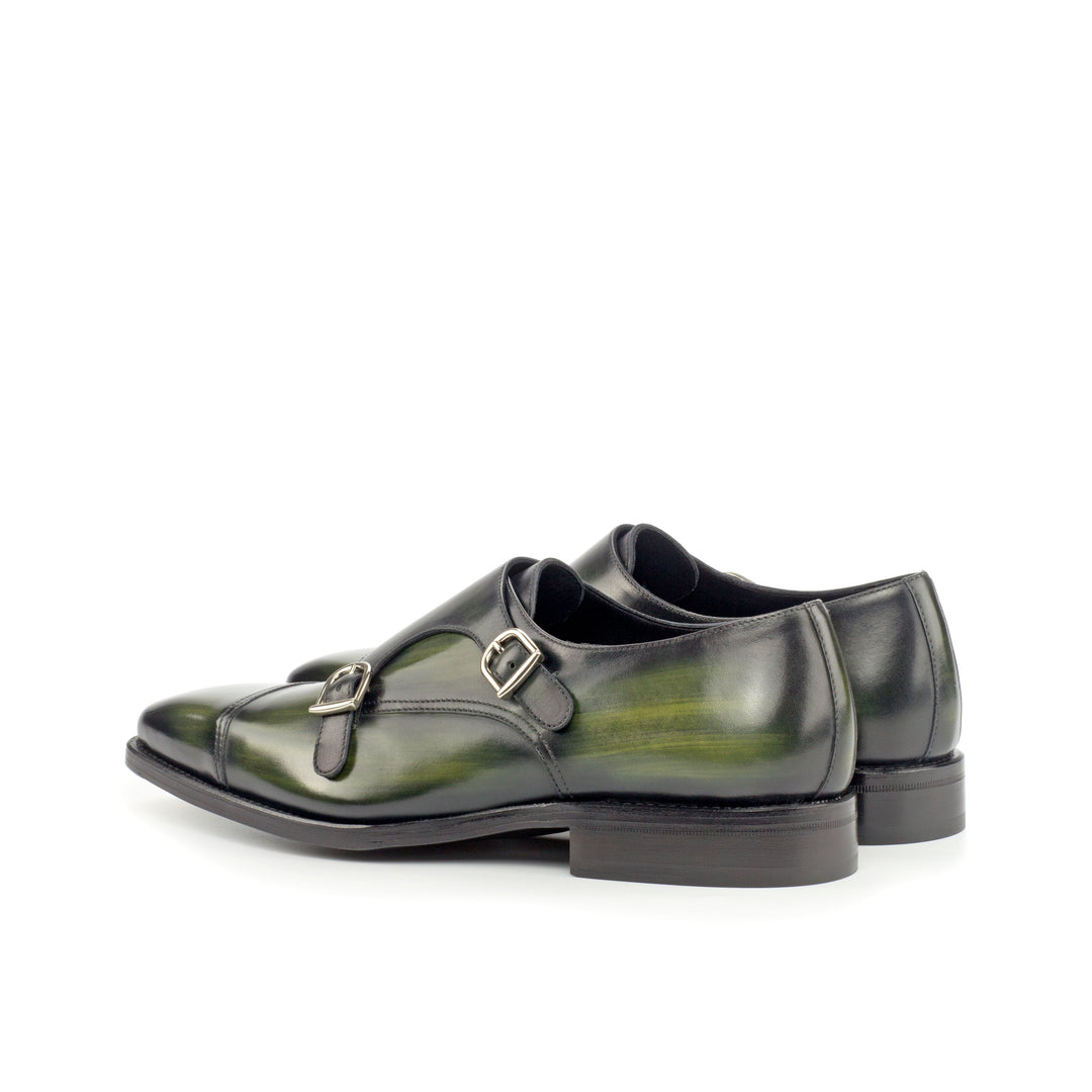 Men's Double Monk Shoes Patina Leather Goodyear Welt Wide Plus Size Green 4289 4 MERRIMIUM