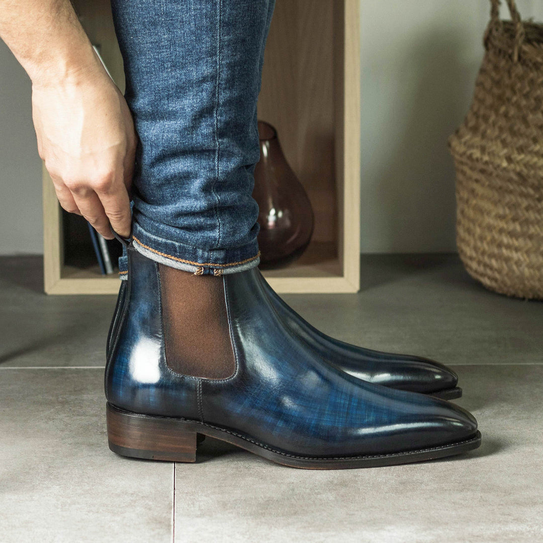 Men's Chelsea Boots Classic Patina Leather Goodyear Welt Wide Plus Size Blue 5340 5 MERRIMIUM