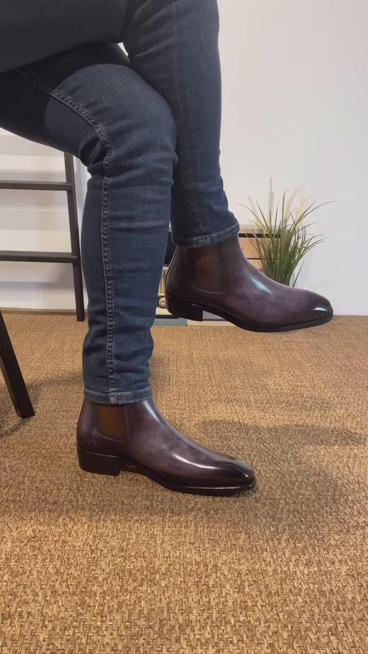 Men's Chelsea Boots Classic Patina Leather Goodyear Welt Wide Plus Size Violet 5580