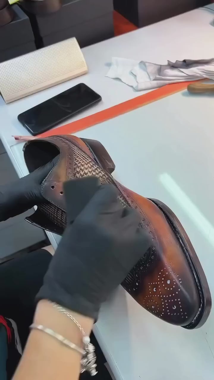 Men's Longwing Blucher Shoes Patina Leather Goodyear Welt Wide Plus Size Brown Burgundy 4983