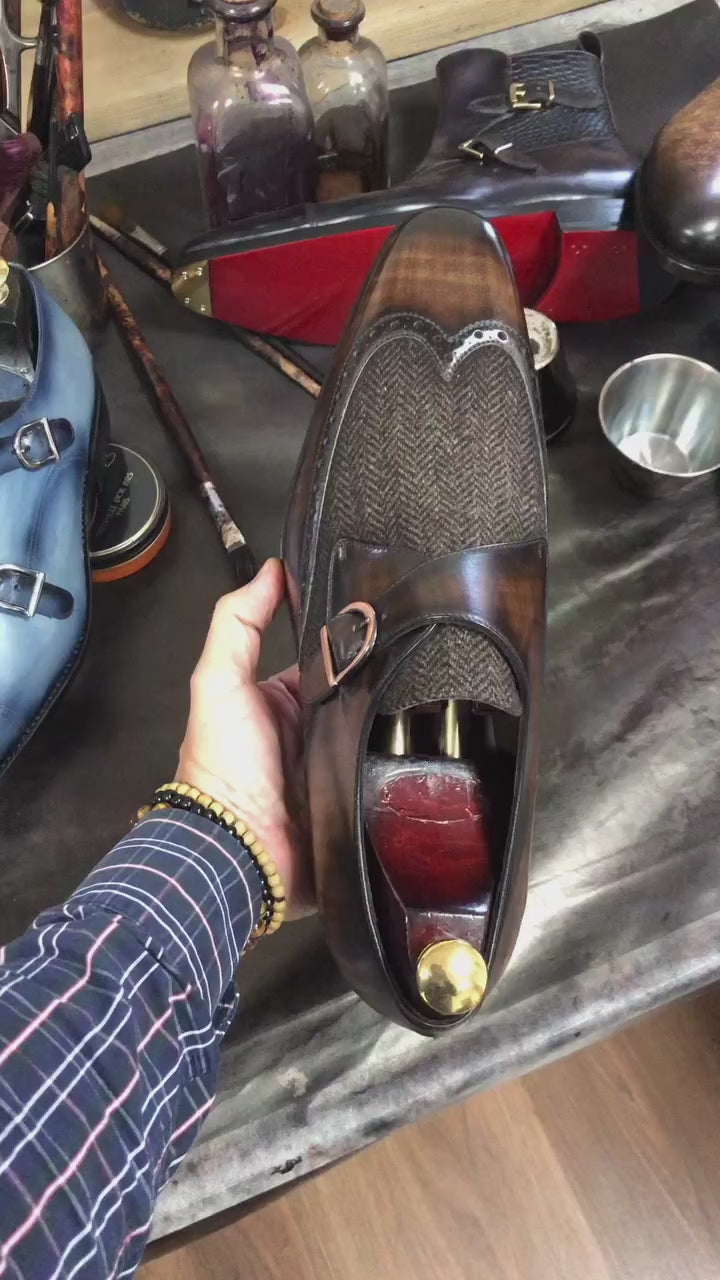 Men's Single Monk Shoes Patina Leather Goodyear Welt Wide Plus Size Brown Dark Brown 4146