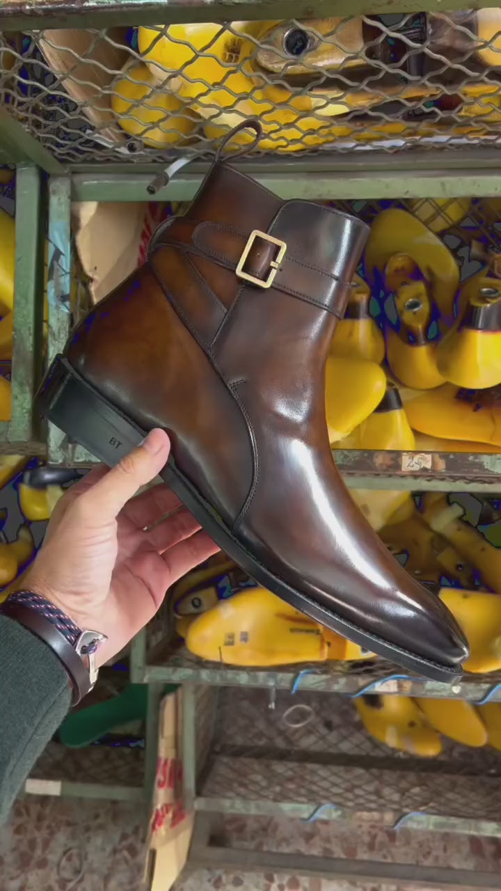 Men's Jodhpur Boots Patina Leather Goodyear Welt Wide Plus Size Burgundy 5660