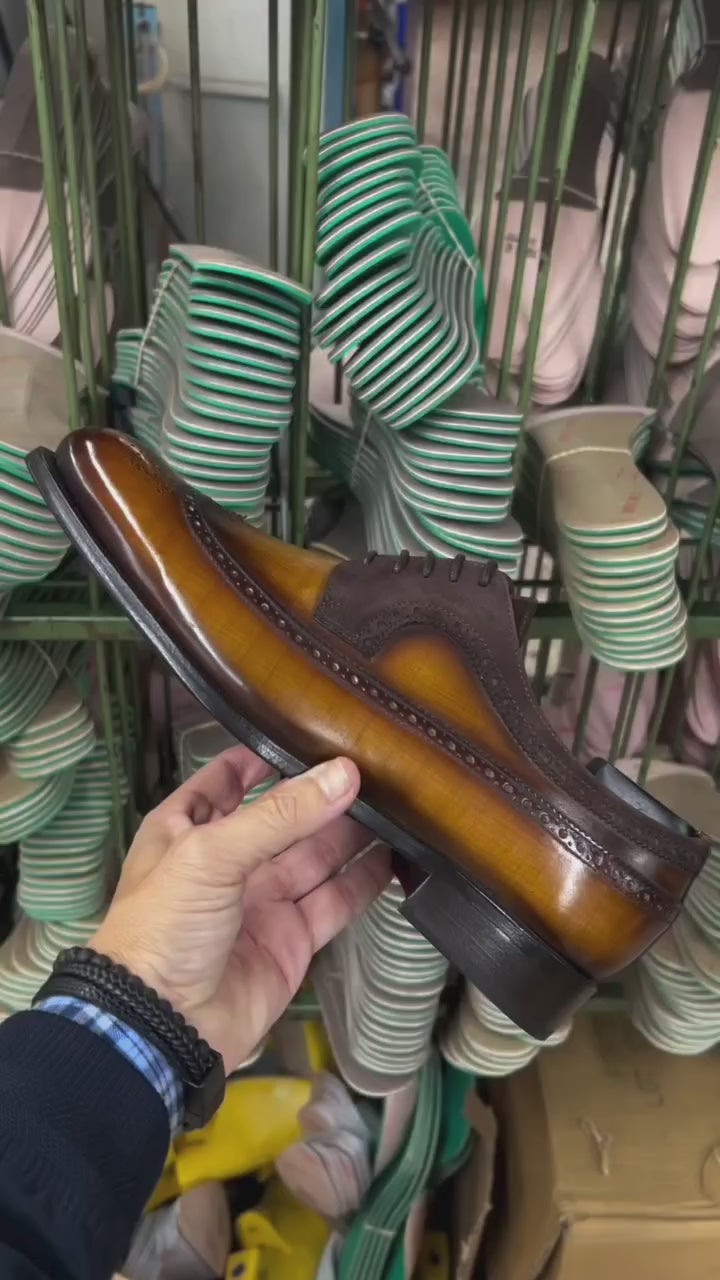 Men's Longwing Blucher Shoes Patina Leather Goodyear Welt Wide Plus Size Brown 3284